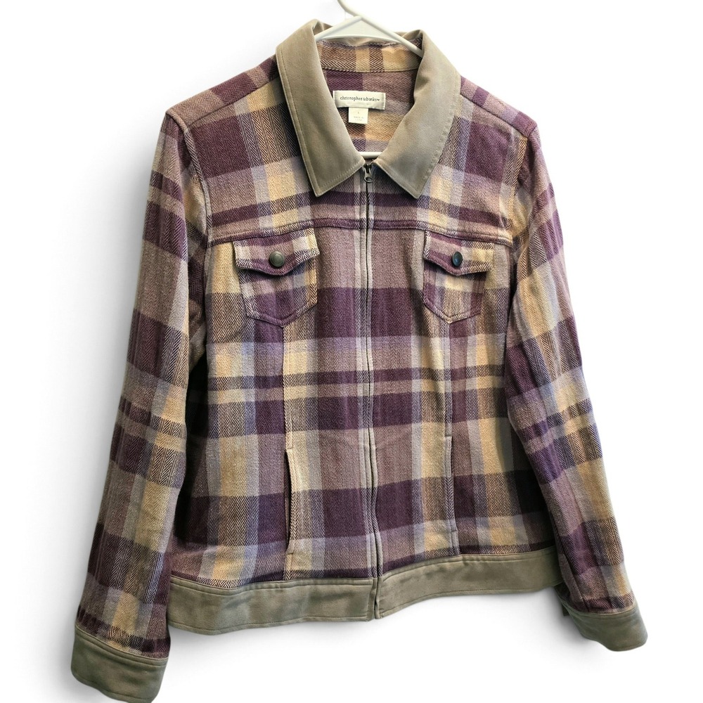 Christopher & Banks Plaid Herringbone Zip Jacket Women's L Purple Tan Pink